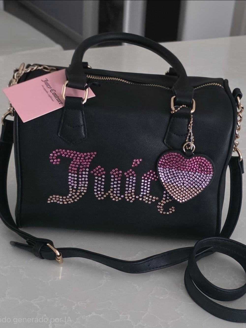 Juicy Couture Black Satchel with Pink Rhinestone Logo & Heart Charm